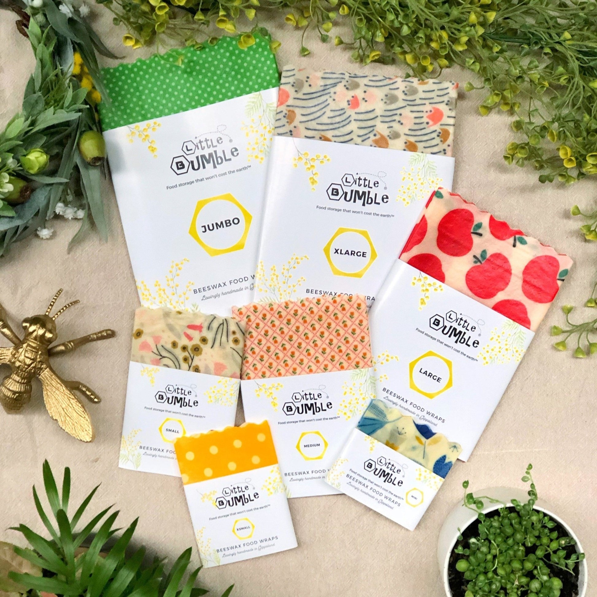 Complete Kitchen Pack (All Sizes) - 7 beeswax wraps to cover avos & lemons through to big leafy greens & bread loaves - Little Bumble Reusable Food Wraps