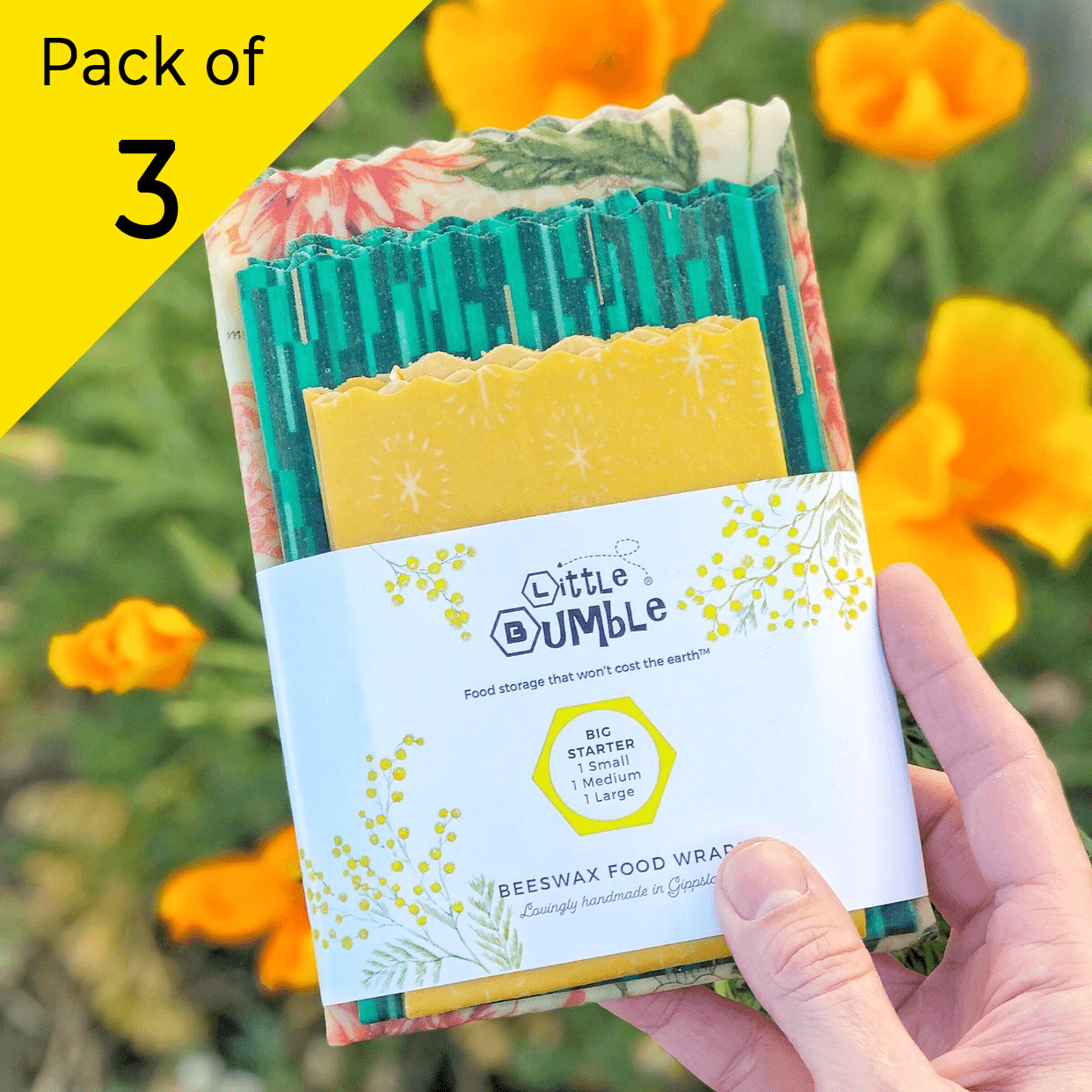 CLEARANCE Big Starter Pack (Mid - sized set) – 3 beeswax wraps ideal for lunches, herbs, cheeses & pouches for spinach - Little Bumble Reusable Food Wraps