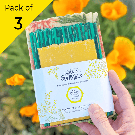 Big Starter Pack (Mid-sized set) – 3 beeswax wraps ideal for lunches, herbs, cheeses & pouches for spinach - Little Bumble Reusable Food Wraps. Beeswax wraps great to cover food. Reusable food wraps that are sustainable. Great for sandwiches and lunch boxes.