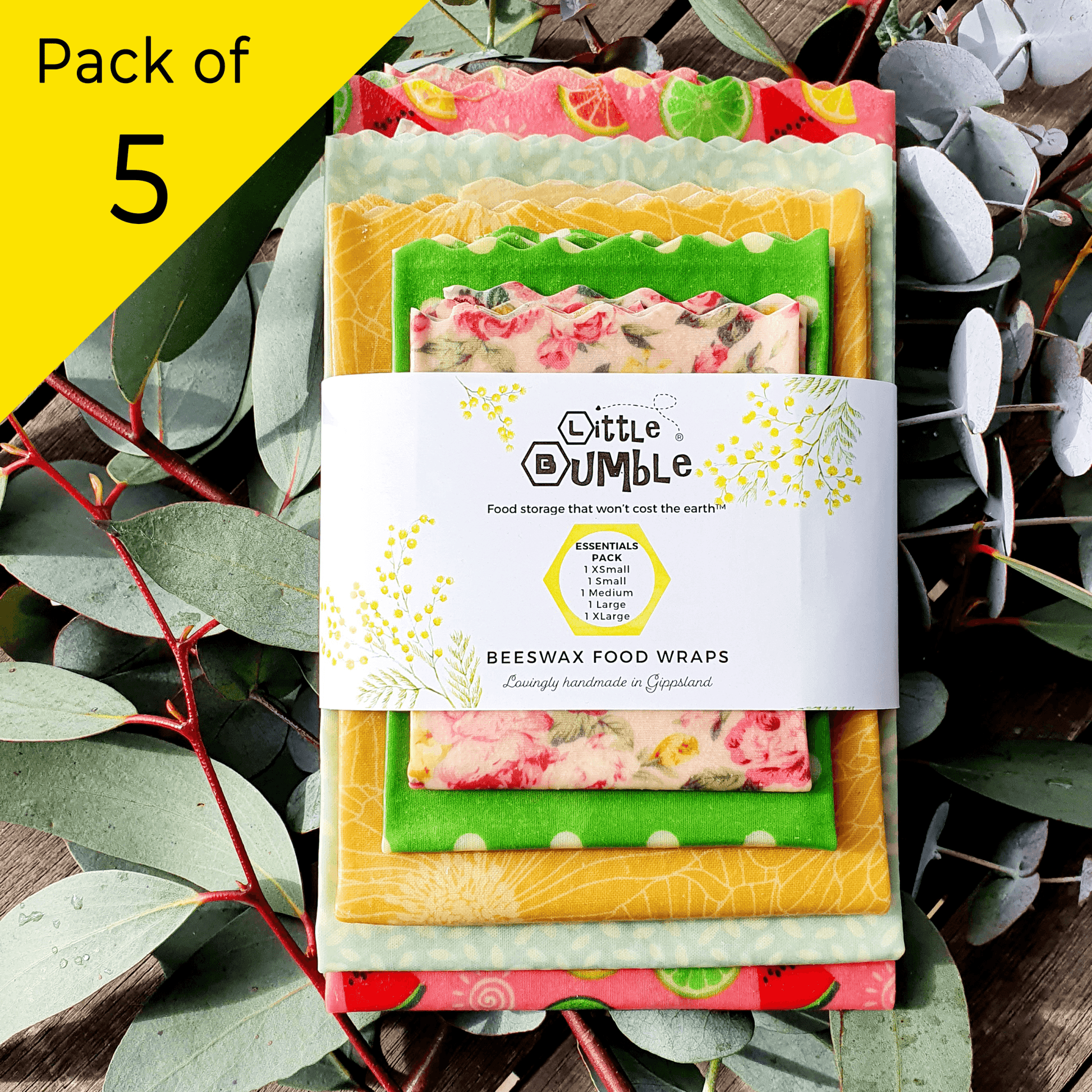 Essentials Pack (Everyday set) - 5 beeswax wraps ideal for every household, wrap avos through to celery! - Little Bumble Reusable Food Wraps