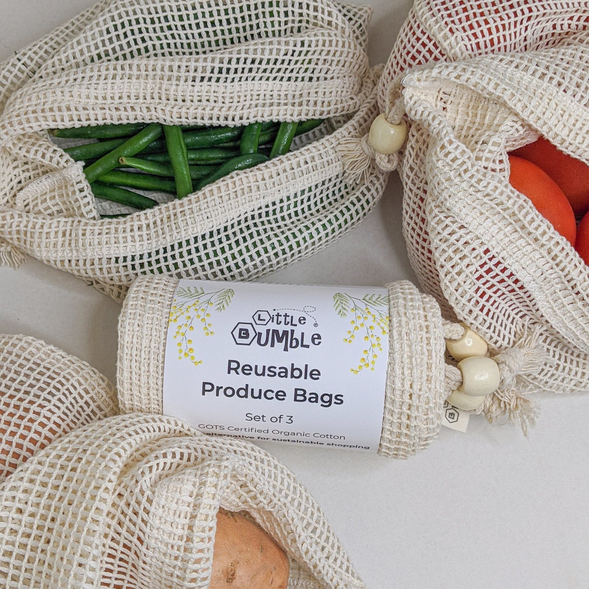 Organic Reusable Produce Bags - 3pk (Small, Medium & Large) - Little Bumble Reusable Food Wraps